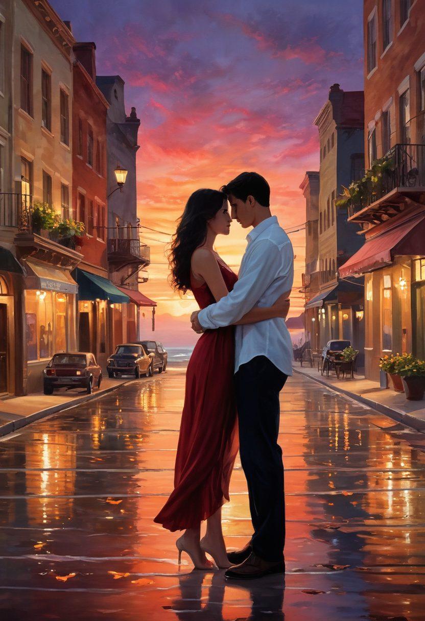 A beautifully intertwined couple in a cinematic setting, surrounded by iconic scenes from classic romance films, such as sunsets on beaches, candlelit dinners, and quiet urban streets. Soft, ethereal lighting creates a dreamy atmosphere, with hearts subtly illustrated in the background to symbolize love. The couple exudes deep connection and emotional warmth. vibrant colors. painting.